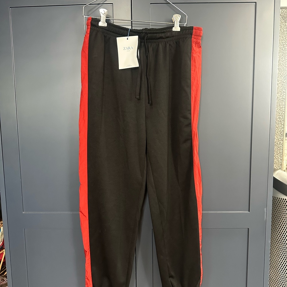 NWT Zara Black and Red Joggers with Sporty Stripes
